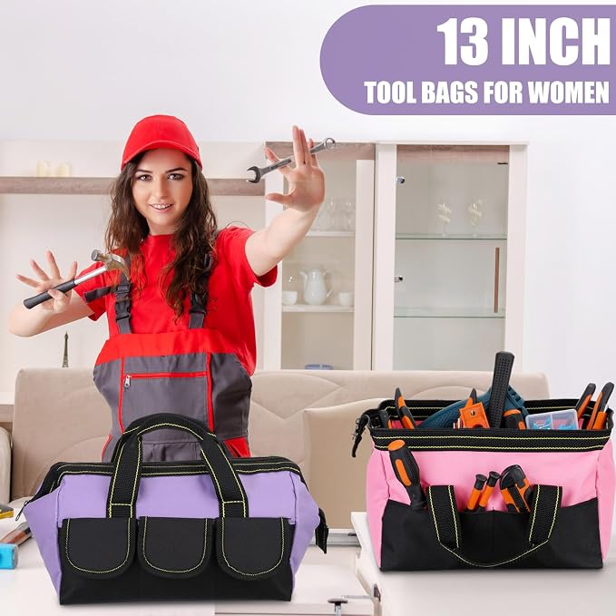 Sanwuta 3 Pack Tool Bag for Men with Waterproof Hard Bottom, Heavy Duty Tool Bag Wide Mouth Tote for Various Instrument, Electrician Carpenter Mechanic(Red, Pink, Light Purple,13 Inch,Classic)