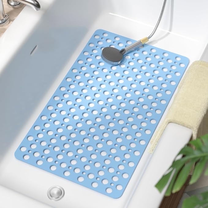 HITSLAM Bathtub Mat Non Slip, 30 x 17 Inch TPE Bath Mat for Tub, Efficient Drainage Bathroom Shower Mat with Suction Cups, Bath Tub Mat, Soft on Feet and Easy to Clean, Blue