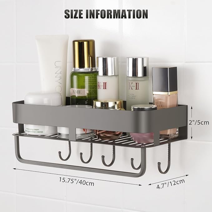 Extended version Adhesive Shower Caddy, 15.7 inch Stainless Steel Shower Shelves for Inside Shower with Hooks & Towel Bar-No Drilling(Gun Gray)