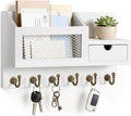 FifthQuarter Key and Mail Holder for Wall, Mail Organizer Wall Mount with 6 Hooks and Storage Drawer, Easy Installation Key Rack for Entryway and Home Decor (B-White)