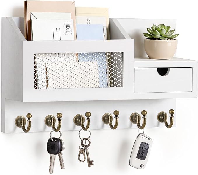 FifthQuarter Key and Mail Holder for Wall, Mail Organizer Wall Mount with 6 Hooks and Storage Drawer, Easy Installation Key Rack for Entryway and Home Decor (B-White)