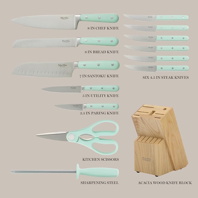 MARTHA STEWART Eastwalk 14 Piece High Carbon Stainless Steel Cutlery Knife Block Set w/ABS Triple Riveted Forged Handle Acacia Wood Block - Martha Blue
