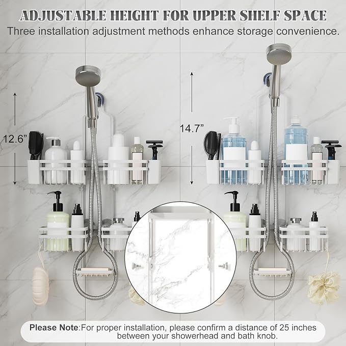 Shower Caddy Hanging for Bathroom Organizers and Storage - 3-Tier Adjustable Anti-Swing Shower Organizer Hanging with Heavy-Duty Suction Cups, Damage-Free Rustproof (White)