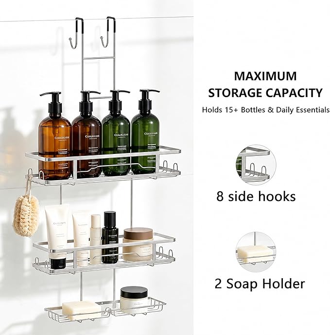 OMAIRA Over The Door Shower Caddy, 3-Tier Hanging Shower Organizer with 8 Hooks & Soap Holder, Height-Adjustable Rustproof Bathroom Shelf for Shower Door, No Drilling Storage Rack, Sliver