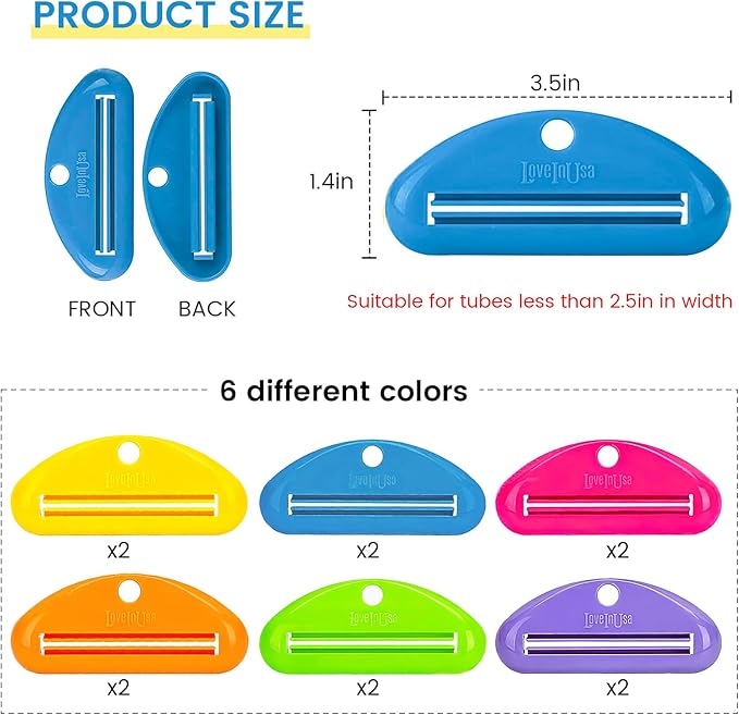 LOVEINUSA Toothpaste Squeezers Bulk, 12PCS Multicolor Toothpaste Clips Tube Squeezer Dispenser Assorted Colors for Hair Gel Glue Tube Ointment