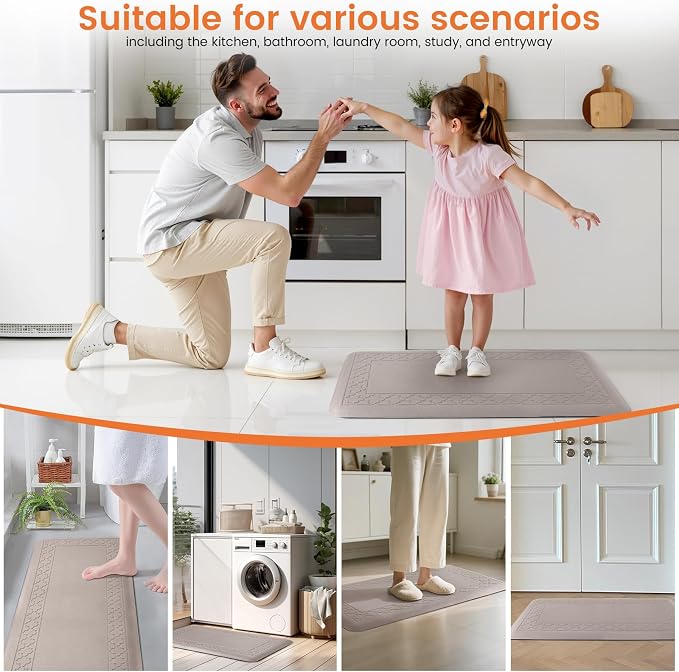 4/5 Inch Thicker Kitchen Mats for Floor Non-Slip Anti Fatigue Comfort Mat Waterproof Kitchen Rug for Sink, Office,Home Stain Resistant Standing Desk Rugs-17.3"x 39", Khaki