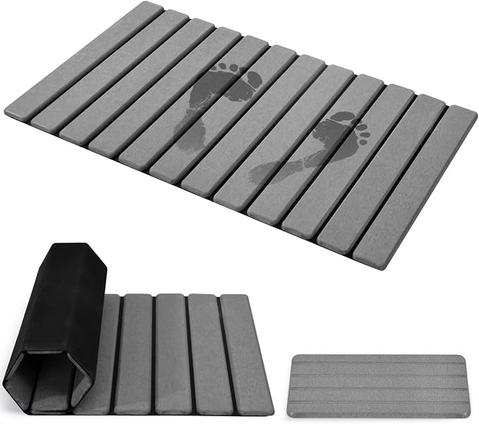 Extra-Large Foldable Stone Bath Mat for Bathroom, 2 Pcs Super Absorbent Diatomaceous Earth Bath Mat with Anti-Slip Leather Base, Quick Drying Modern Bath Stone Mat (Grey, 28" x 16" & 8" x 4")