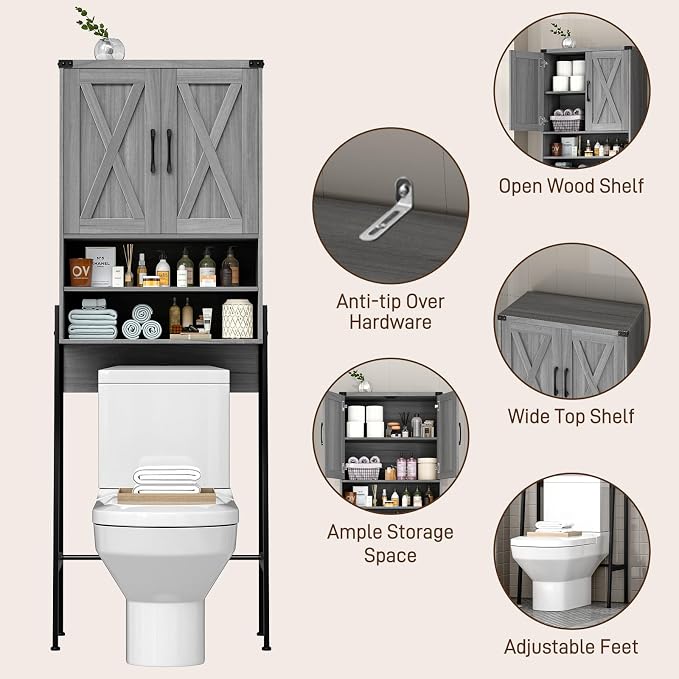 Vabches Over The Toilet Storage Cabinet, Farmhouse Over Toilet Storage Cabinet, Metal Frame with 2 Barn Doors, Home Space-Saving Toilet Rack for Bathroom, Toilet, Laundry Room.