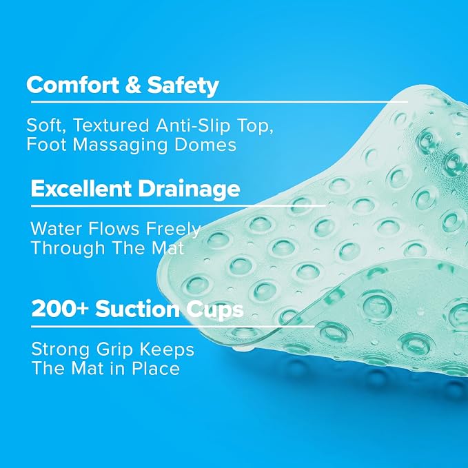 SlipX Solutions Power Grip Extra Long Bath Tub & Shower Mat 39x16, Wet Floor Non-Slip for Elderly & Kids Bathroom, 30% Longer Bathtub Mats, 200 Suction Cups, Drain Holes (1, Translucent Light Green)