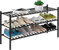 ROMGUAR CRAFT 3-Tier Bamboo Long Shoe Rack, Free Standing Wood Shoe Shelf Storage Organizer for Closet Entryway Stackable 35"x11"x20" (Black)