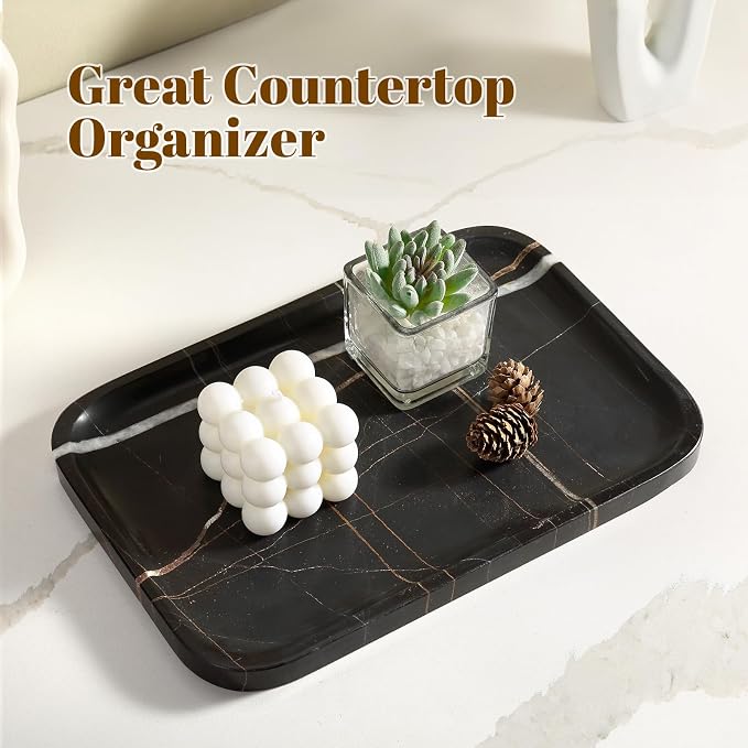 Koville Marble Tray, 12"x8" Natural Marble Vanity Tray for Countertop Bathroom Kitchen Dresser, Decorative Catchall Trays for Perfume Jewelry, Rectangular Stone Serving Tray(Black)