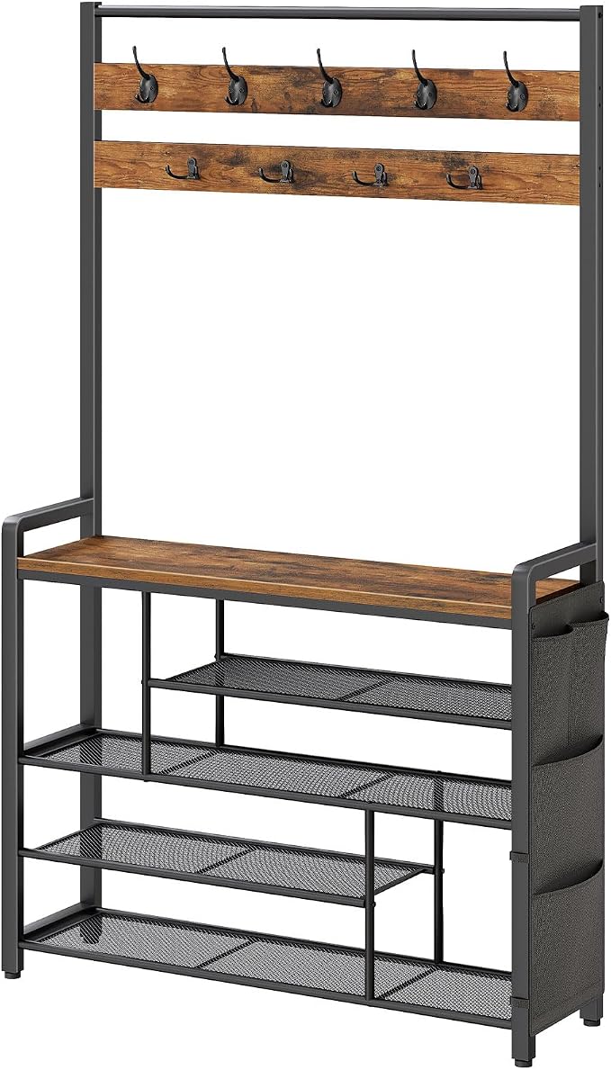 HOOBRO Hall Tree with Bench, Shoe Rack with Coat Rack, 39.4" Coat Rack with Shoe Storage, 5 Tier Shoe Storage Organizer, Oxford Fabric Side Pockets, Coat and Shoe Rack Entryway, Rustic Brown BF46MT01