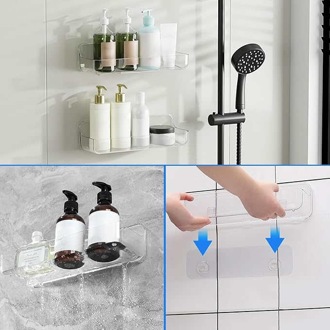 Diesisa Acrylic Wall Mounted Shower Caddy, Clear, Large Size 4D x 12.8" W x 3.3" H, Acrylic Shelf, No Drilling Walls Adhesive Shelf, Bathroom Shelves with Self Adhesive Tape for Bathroom, Kitchen