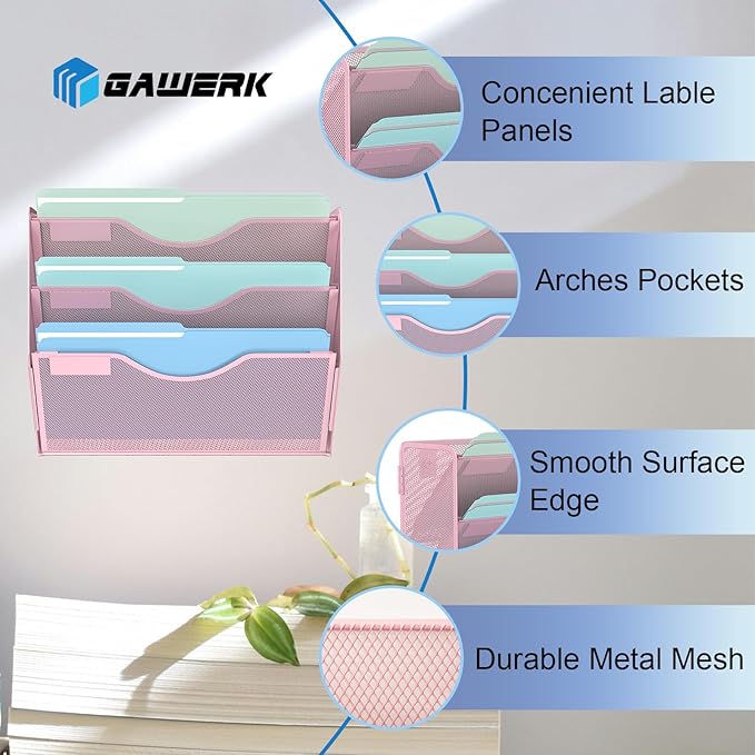 Gawerk 3 Tier Hanging Wall File Organizer, Mesh Mail Paper Orgnization Hanging File Folder Holder for Home Office, Pink