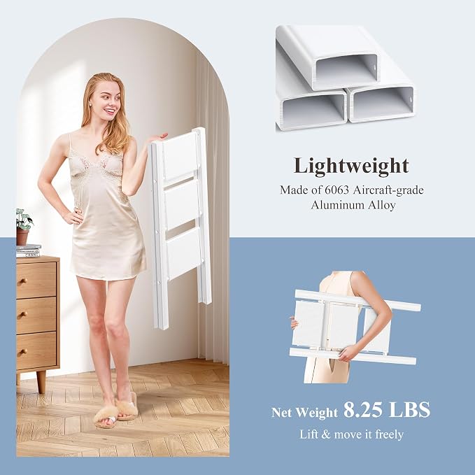 3 Step Ladder, Folding Step Stool with Wider Pedal, Anti-Slip Feet & Non Slip Stripes, Aluminum Sturdy Material, 300Lbs Capacity, Elegant Look of Modern White Better Matches Your Home