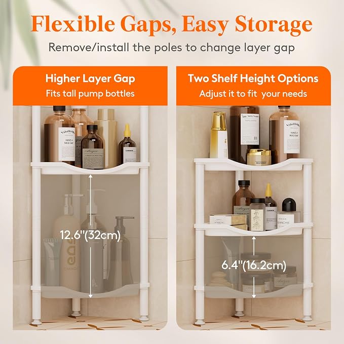 Lifewit Floor Standing Shower Caddy Corner, 3 Tier Plastic Shower Stand Rack with Adjustable Feet and Hooks, Rustproof Bathroom Shelf Organizer, White, 34 x 24 x 75 cm/13 x 9.5 x 29.5 inch