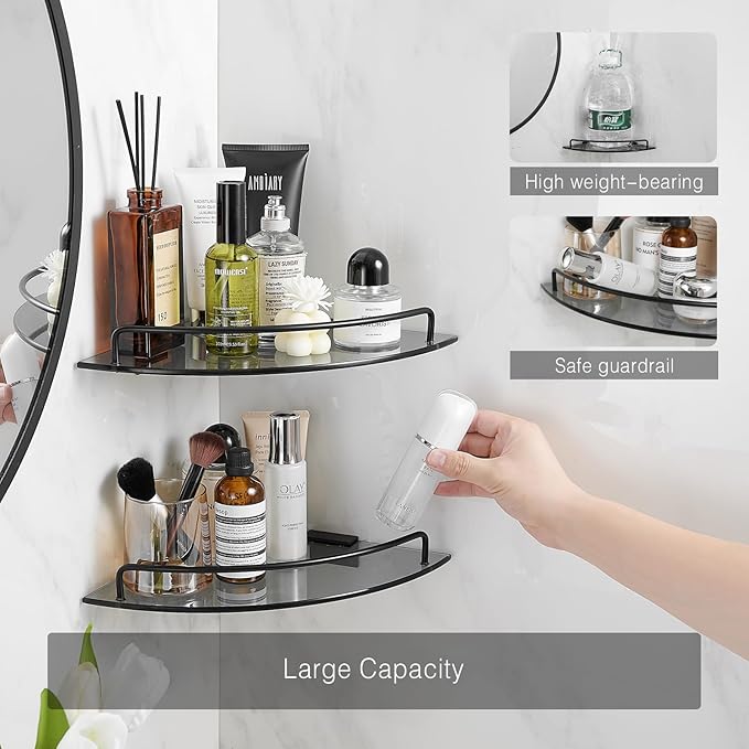 Voldra Glass Corner Shower Caddy, 2 Pack Adhesive Corner Shower Shelves for Inside Shower No Drilling, Tempered Glass Bathroom Corner Shelf with Guardrail Bathroom Shower Organizer Storage Rack(Black)