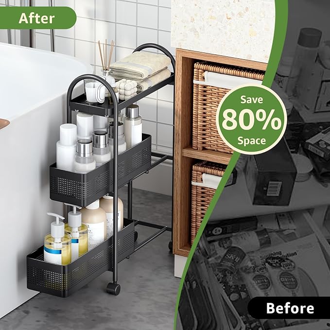 KINGRACK 3-Tier Slim Kitchen Storage Cart, Metal Utility Cart with Drawer, Rolling Trolley with Lockable Wheels, Easy Assembly Narrow Space Shelving for Kitchen Bathroom Laundry Room, Black
