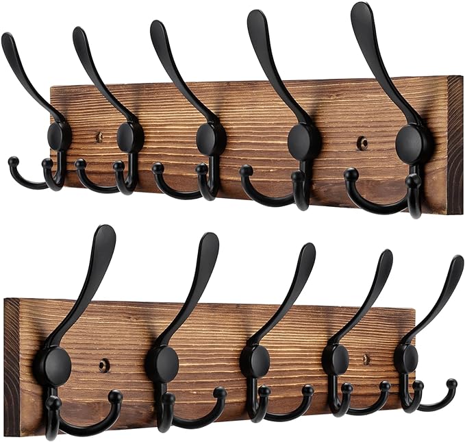 Kuhome 2pcs Coat Rack Wall Mount Wooden Hat Rack for Wall Hooks Pine Real Wood Plank 16.9" Brown Coat Hanger with 5 Triple Hooks for Hanging Coat Hat Jacket
