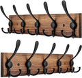 Kuhome 2pcs Coat Rack Wall Mount Wooden Hat Rack for Wall Hooks Pine Real Wood Plank 16.9" Brown Coat Hanger with 5 Triple Hooks for Hanging Coat Hat Jacket
