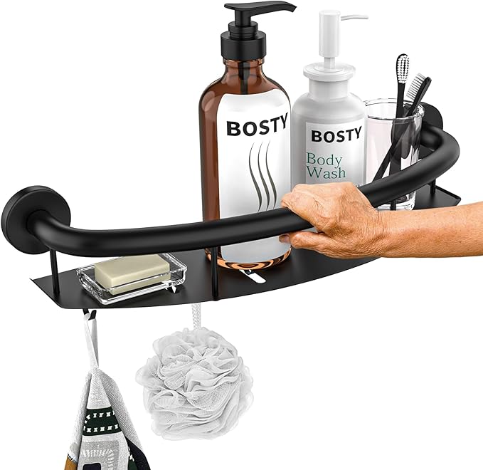 Black Shower Grab Bar Shelf 18 Inch, Zepolu Stainless Steel Shampoo Shelf Grab Bar, Wall Mount Bathroom Shelves Safety Balanced Support Bar Handrail Assist Handle for Elderly Senior Handicap