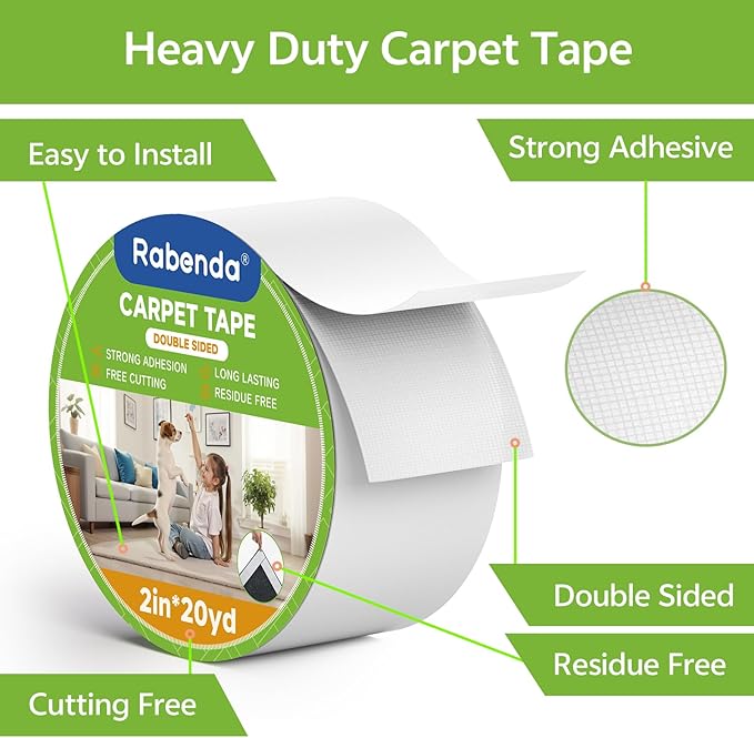 Rabenda Double Sided Carpet Tape - 2 Inch x 20 Yards Removable Rug Tape for Hardwood Floors, Tile & Laminate - No Residue Strong Hold Anti Slip Gripper for Area Rugs, Mats & Carpets