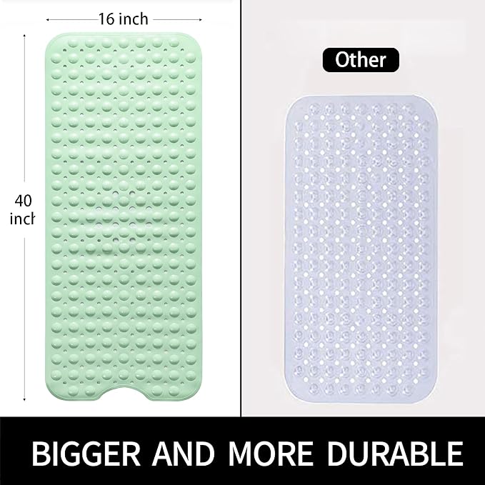 Bathtub and Shower Mats, Extra Long Non-Slip Bath Mat 39 x 16 Inch, Machine Washable Bath Tub Mat with Suction Cups & Drain Holes for Bathroom, Green
