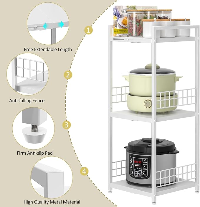 DAOUTIME Expandable Slim Storage Shelf, 3 Tier Metal Shelving Unit for Bathroom Storage Organizer, Free-Standing Narrow Shelf, Open Floor Shelves for Small Spaces,Laundry,Bathroom,Kitchen, White