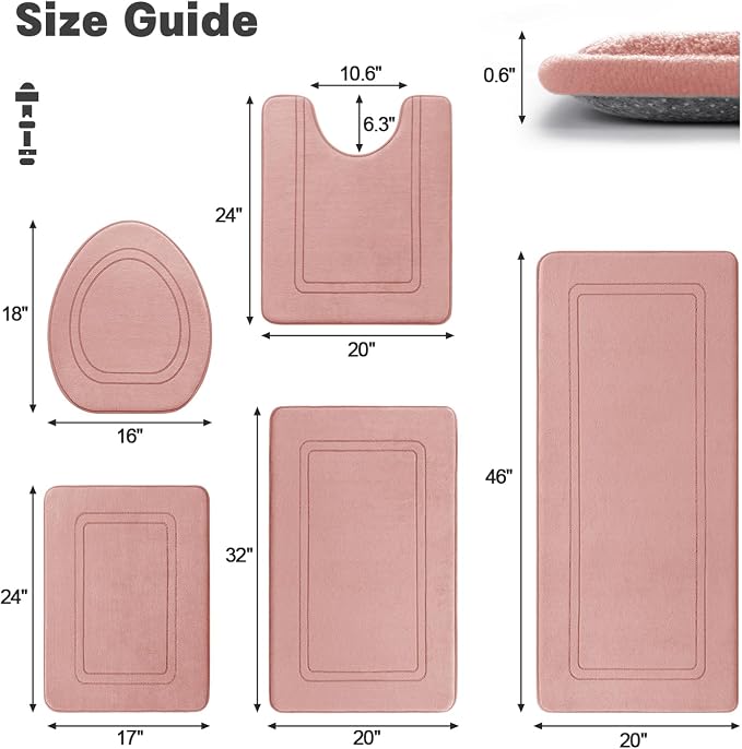 YIHOUSE Pink Memory Foam Bath Mat Set 5 Pieces, Non Slip, Absorbent, Washable, Soft, Comfortable, Rectangular Bathroom Rugs