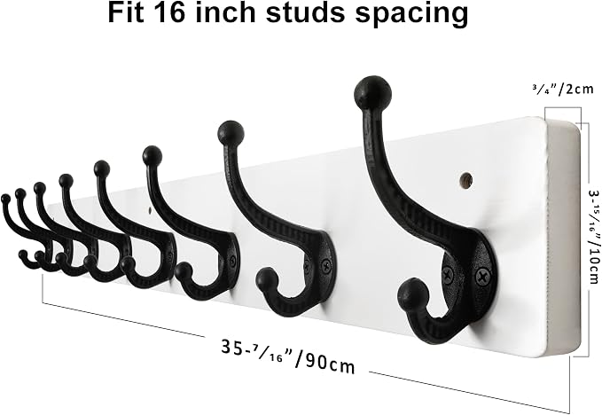 WEBI Rustic Coat Rack Wall Mount,35.43" Long 8 Cast Iron Coat Hooks Wall Mounted,Heavy Duty Wall Coat Hanger Hooks for Hanging Coats,Clothes,Black on White,2 Packs