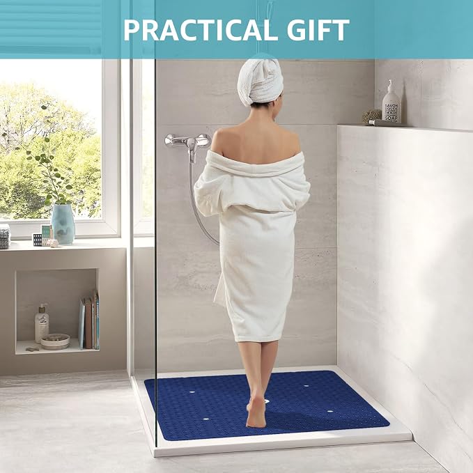OTHWAY Square Shower Mat, 27"x 27" Extra Large Shower Mats for Inside Shower, TPE Anti Slip Shower mat with Suction Cups Drain Holes, Machine Washable Shower Floor Mat (Navy Blue)