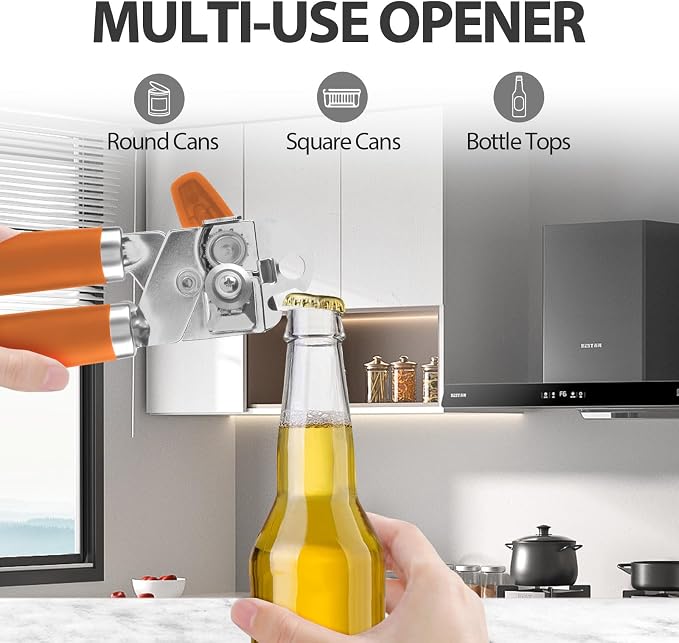 Safring Can Opener Manual, Heavy Duty Handheld Strong Can Opener with Soft Touch Handle, Sharp Blade Smooth Edge, Can Openers with Multifunctional Bottle Opener, Orange
