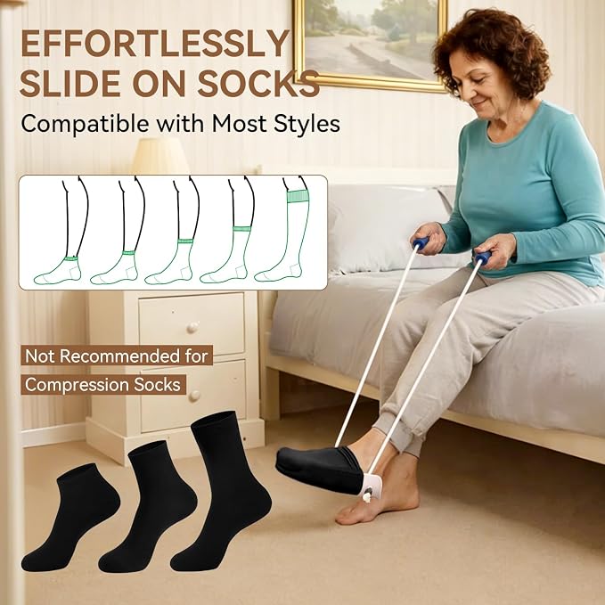 Sock Aid Device for Seniors and Shoe Horn Kit - Sock Helper Easy On and Off, Sock Assistant Device No Bending, Adjustable Extended Long Shoe Horn Back Scratcher for Senior