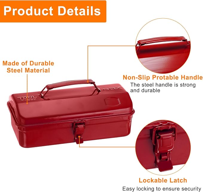 HARFINGTON Tool Box 11.4" Portable Steel Tool Box Hip Roof Style with Metal Latch Closure Tool Chest for Household Workshop Car, Red