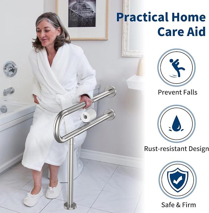 Toilet Grab Bar with Leg 31.5x28 Inch, ZUEXT Brushed Nickel Knurled Toilet Support Bar with Toilet Paper Holder,Stainless Steel Wall & Floor Mounted Bathroom Support Rail for Elderly Disabled Pregnant