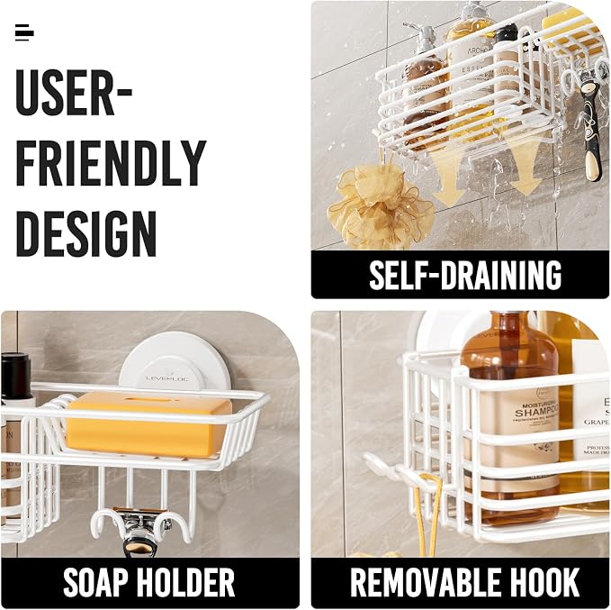 LEVERLOC Shower Caddy Suction Cup, 2 Pack Shelves for Inside with Hooks and Soap Holder, NO-Drilling Bathroom Organizer, Rustproof Meatl Bathroom Holder, White