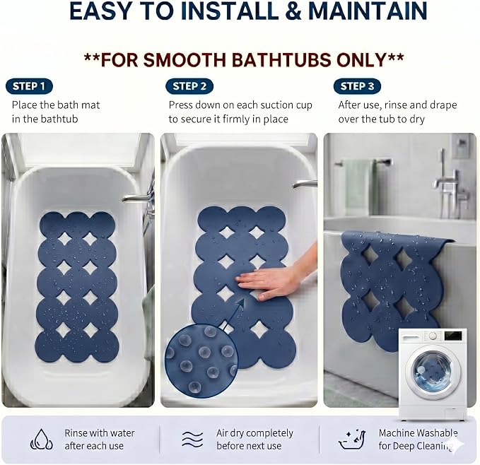 Webos Non Slip Bathtub Mat Shower Mat Bath Mat Tub Mats with Strong Suction Cups Soft Natural Rubber Bath Mat for Inside The tub (Ivy-Blue, 28x16 inch)