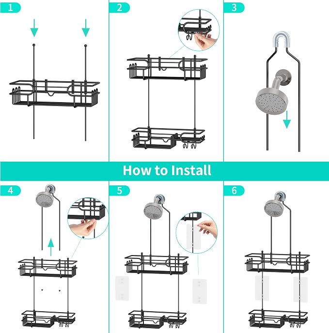 HapiRm Hanging Shower Caddy Organizer - Bathroom Organizer with 12 Hooks and Soap Holder, Rustproof Shower Shelf over Shower Head - Black