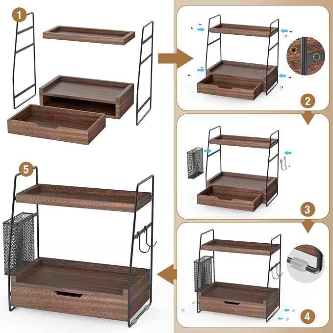 2-Tier Bathroom Counter Organizer with Drawer and Removable Basket, Wood Vanity Countertop Storage for Perfume, Makeup, Skincare, Bathroom Counter Shelf, 13" x 7.9" x 14.5", Dark Brown