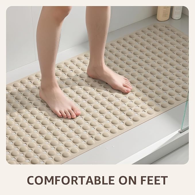 OTHWAY Bath Tub Shower Mat Non Slip, Bathtub Floor Liner Mats for Inside Shower Bathroom, Suction Cups and Drain Holes for Feet Scrubbing, Machine Washable, Soft on Feet, 35x16 Inch, Brown