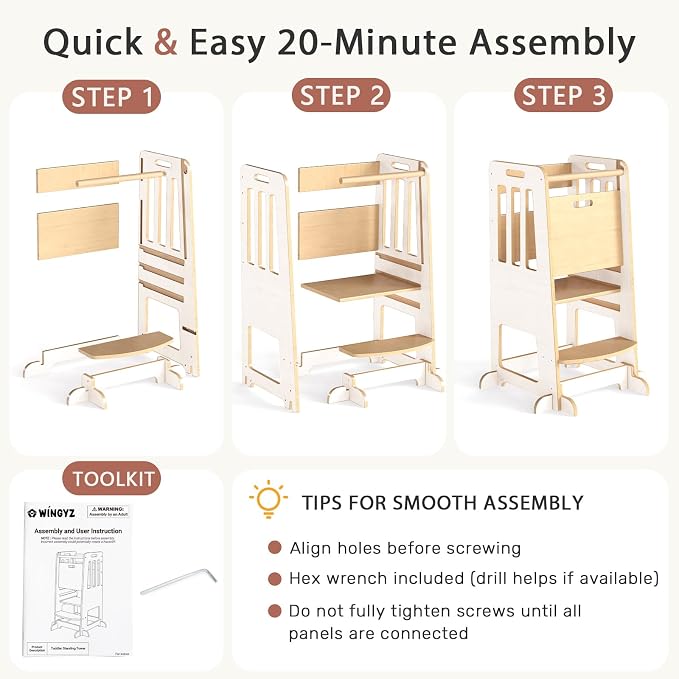 WINGYZ Toddler Tower - Anti-Tip Natural Wood Learning Stool Helper for Kids 18M-6Y, 150lb Capacity Kitchen Stool with 3-Height Adjustable Platform and Sliding Door Access, 20lb Portable Design, White