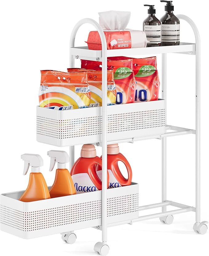 KINGRACK 3-Tier Slim Storage Cart with Pull Out Basket, Rolling Bathroom Organizer Utility, Metal Shelving Unit Slide Out, Lockable Wheels, Easy Assembly for Narrow Place, Kitchen, Laundry Room, White