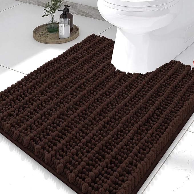 Smiry Bathroom Toilet Rugs U Shaped 24x20, Extra Soft Absorbent Non Slip Rubber Backing Chenille Contour Bath Rugs for Toilet, Machine Washable Contoured Bath Mats, Brown