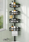 KEGII Corner Shower Caddy Tension Pole, 4-Tier Large Capacity Shower Shelves, Adjustable 52-114.2 Inch No-Drill Rustproof Corner Bathroom Organizer with Towel Bar, Hooks & Razor Holder, Black