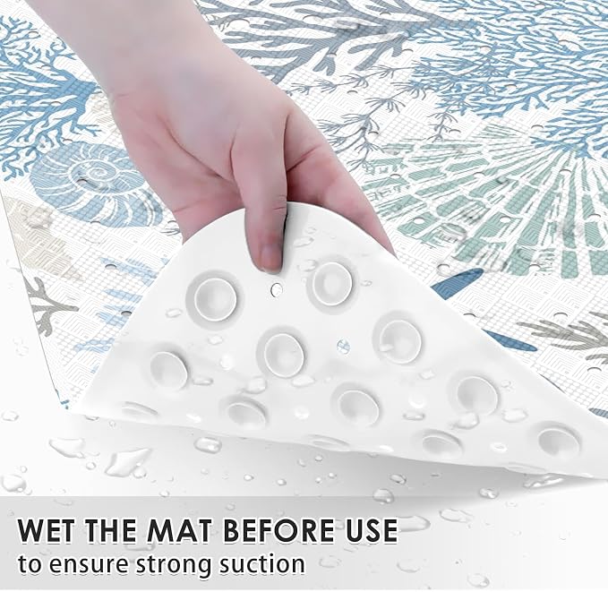 Sea Shells Coral Seashell Bath Mat Non Slip, Starfish Underwater 40X16 Inch Extra Long Bathtub Shower Mat for Tub Anti Slip with Suction Cups and Drain Holes for Kid Adult Elderly