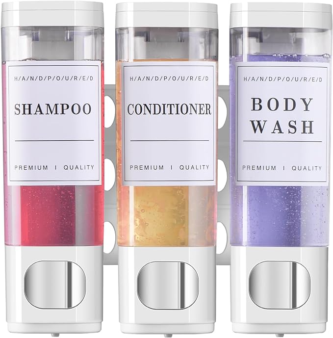 Shower Soap Dispenser Wall Mounted No Drill Shampoo Dispenser for Shower Wall Shampoo and Conditioner Dispenser Bathroom Hotel 3 * 300ml White with 3 Labels