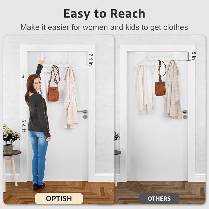 Optish Over The Door Hooks, Door Hanger Hooks for Hanging, Over The Doors Towel Racks for Bathroom, Coat Rack Dorm Essentials (1Pack, White, Fit 1-3/4" Doors)