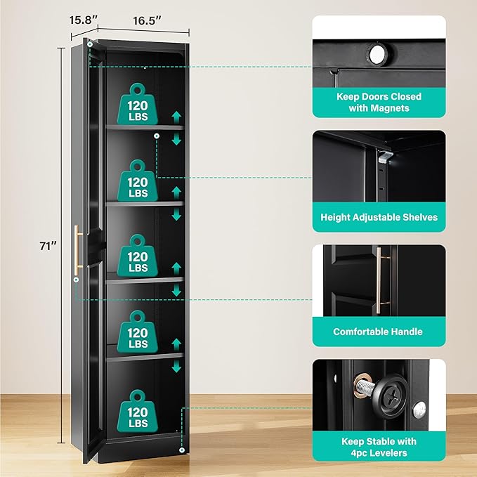 SISESOL 71" Tall Narrow Storage Cabinet with 1 Door and 5 Shelves,Slim Kitchen Pantry Cabinet,Black Metal Bathroom Cabinets,Large Cupboard for Home,Kitchen,Laundry,Bathroom