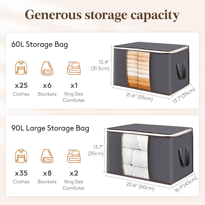 Lifewit 24 Pack 90L Clothes Storage Bins with Lids, Foldable Blanket Storage Bags with Zippers, Clear Window and Reinforced Handles, Closet and Organization for Clothing, Sweater, Comforter, Bedding