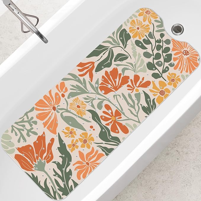 SHUCHING Boho Bath Mat for Tub Non Slip-40 X 16Inch, Flower Bathtub Mat Anti Slip for Women, Extra Long Shower Mat for Bathroom Mold Free, Machine Washable